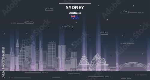 Sydney cityscape at night line art style vector illustration