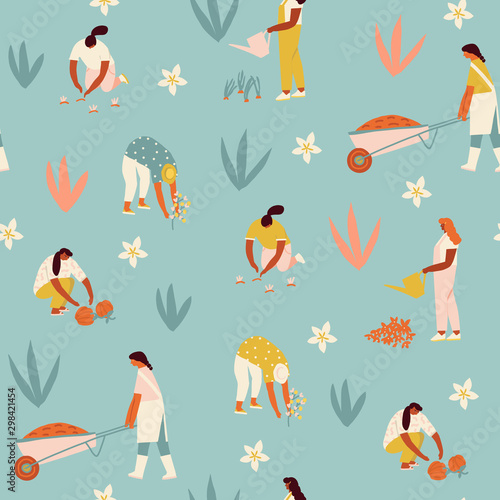 Farmer gardener cartoon girl growing vegetables and flowers on the farm illustration in vector. 