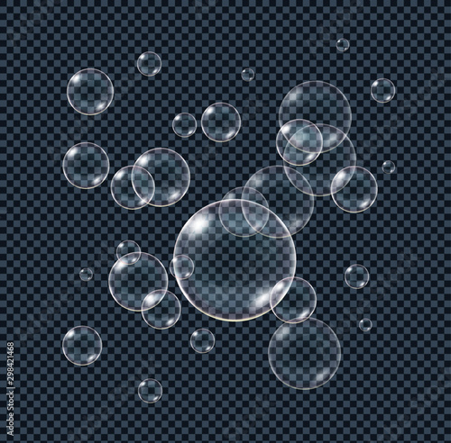 Realistic soap foam bubbles isolated on transparent background. 