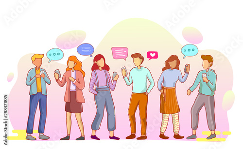 Social Network Landing Page illustration. Group of Young People Characters Chatting Using Smartphone for Website or Web Page. Vector illustration.