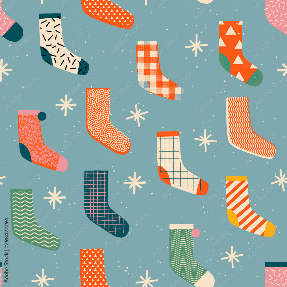 Vintage Christmas socks with presents seamless pattern Stock Vector