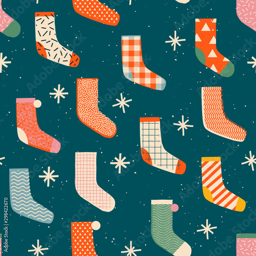 Vintage Christmas socks with presents seamless pattern 