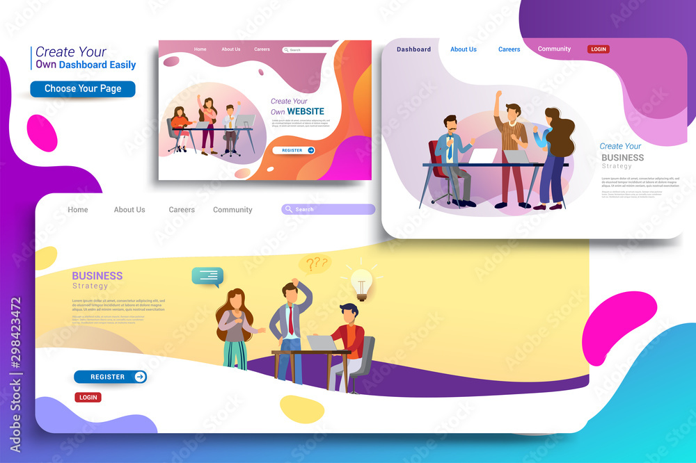 Set of landing page design templates, business strategy, analytics and ...