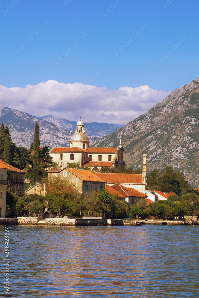 Beautiful Mediterranean landscape. Montenegro, Adriatic Sea. View of Kotor Bay, Prcanj town and Birth of Our Lady Church