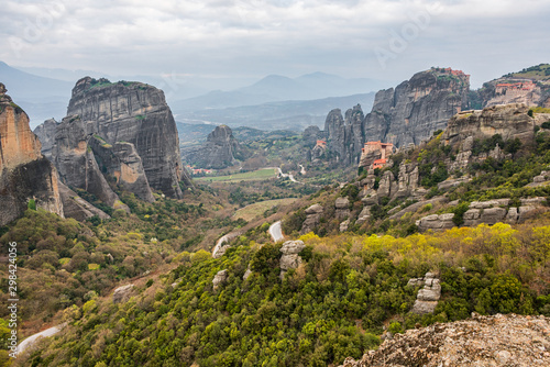 Valley in Meteora and four monasteries on the rocks