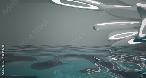 Abstract smooth architectural white interior with color gradient glass sculpture with water and neon lighting. 3D illustration and rendering.
