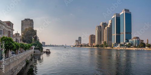 Panoramic view of river Nile in downtown of Cairo with Zamalek and modern buildings, Egypt