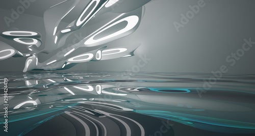 Abstract smooth architectural white interior with color gradient glass sculpture with water and neon lighting. 3D illustration and rendering.