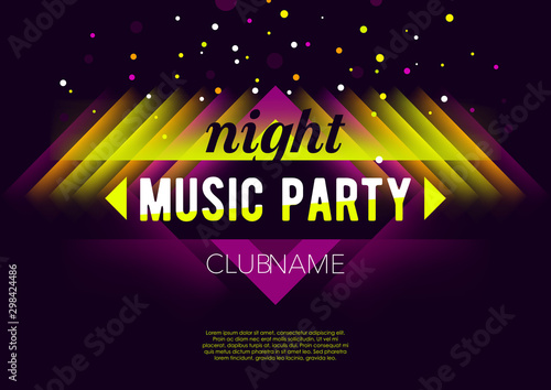 Vertical music party poster with bright color graphic elements, dark background and text. 