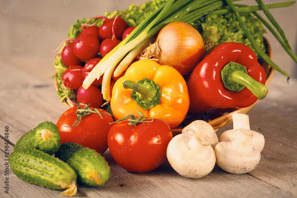 Vegetables . Fresh Bio Vegetable in a Basket. Over Nature Background