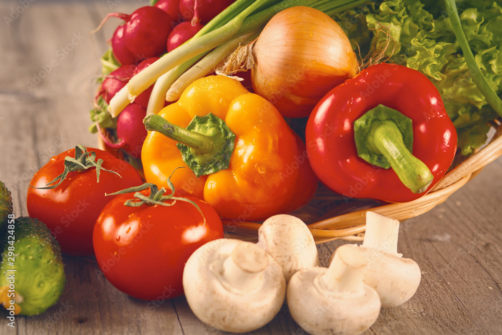 Vegetables . Fresh Bio Vegetable in a Basket. Over Nature Background Vegetables . Fresh Bio Vegetable in a Basket. Over Nature Background