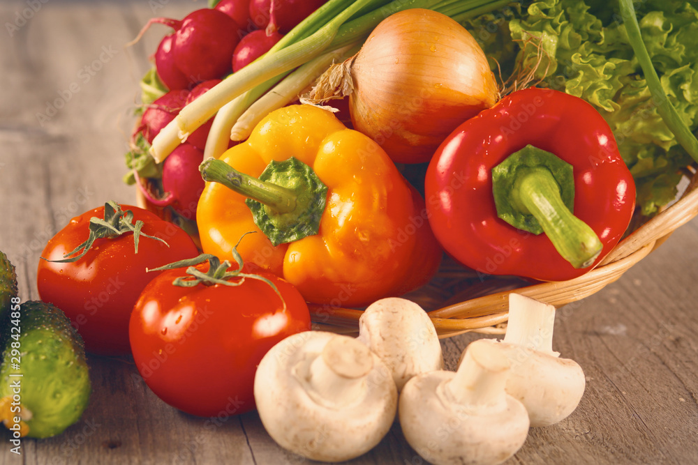 Vegetables . Fresh Bio Vegetable in a Basket. Over Nature Background