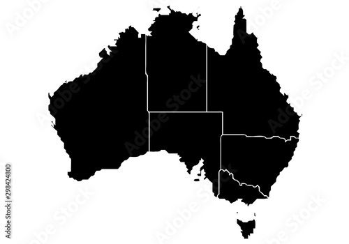 Mapa negro de Australia sobre fondo blanco.
