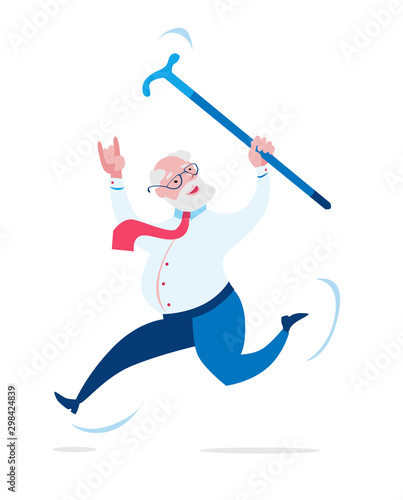 Jolly grandfather jumps merrily with a stick in his hand.