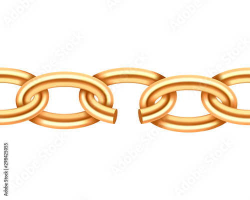 Realistic gold broken chain texture. Yellow color demage chains link isolated on white background. Three dimensional design element.