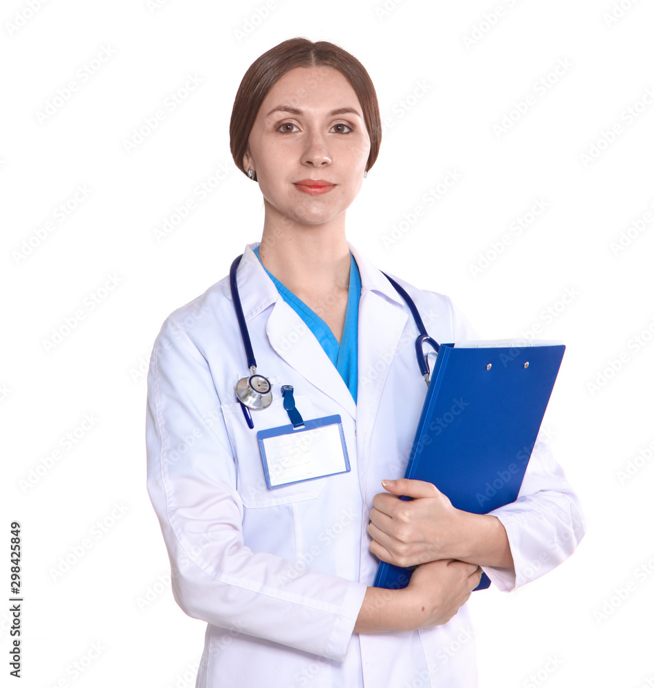 Happy smiling young beautiful female doctor showing blank area for sign or copyspace, isolated over white background Happy smiling young beautiful female doctor showing blank area for sign or copyspace, isolated over white background
