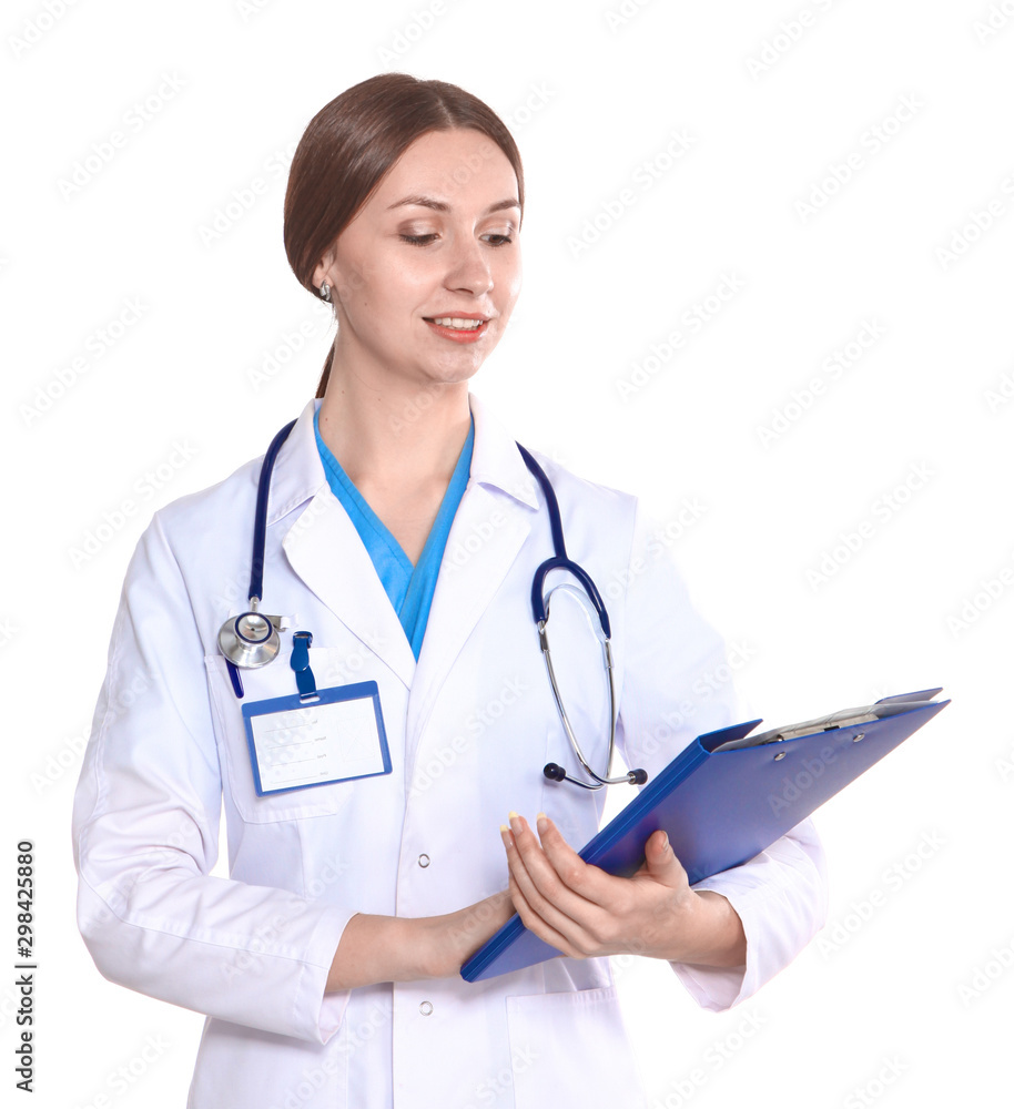 Happy smiling young beautiful female doctor showing blank area for sign or copyspace, isolated over white background Happy smiling young beautiful female doctor showing blank area for sign or copyspace, isolated over white background