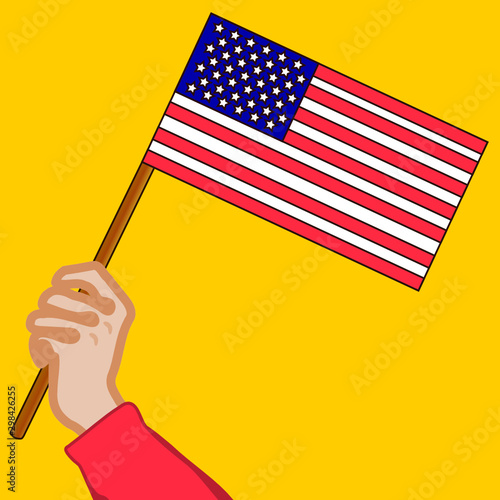 A patriotic poster awaiting the celebration of Independence Day and the president, which depicts a hand holding an American flag, a color hand-drawn propaganda banner