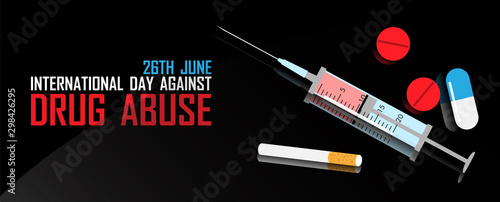 Syringe and drug abuse with the day and name of "International day against drug abuse" campaign on black glass background. All in web banner vector design.
