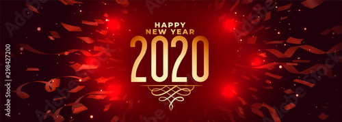 2020 happy new year celebration red banner with confetti