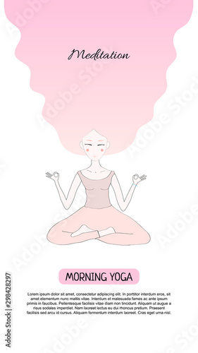Vector illustration with yoga, meditation and healthy lifestyle concept. Yong white woman with flying pink hairs meditating in lotus pose. For Mobile App Page or Screen for Website, perfect for banner