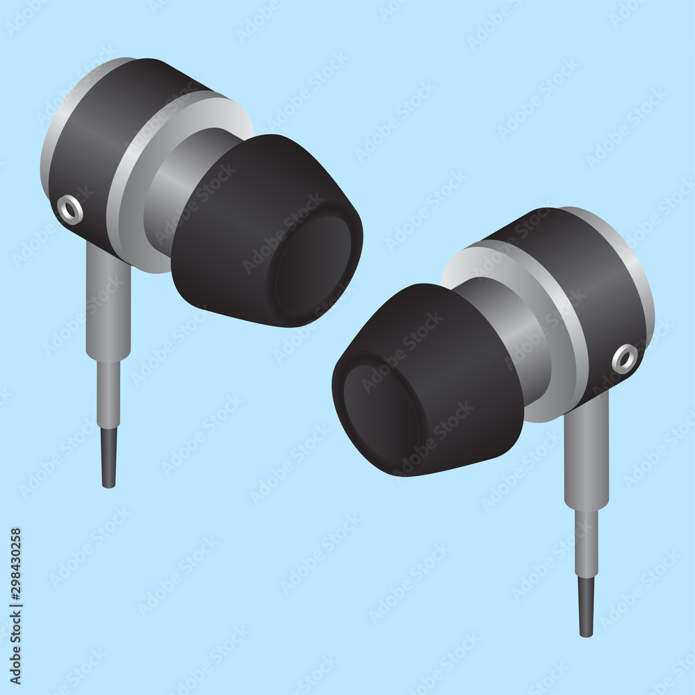 Isometric earphones element in black and grey color. Isometric earphones element in black and grey color.