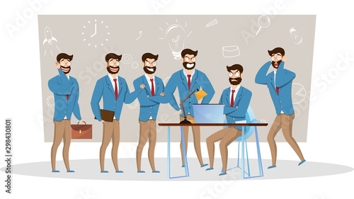 Businessman character set in different expression on workplace and business elements background.