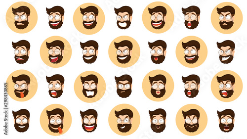 Set of male facial emotions on white background.