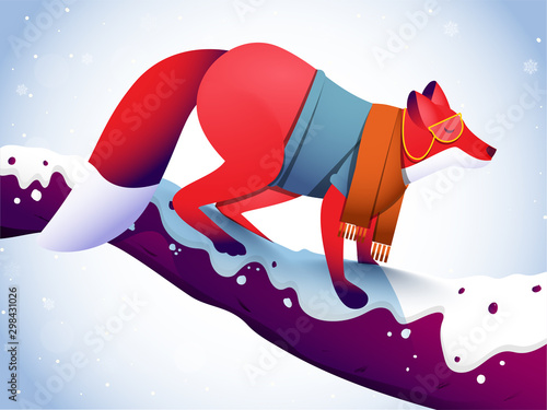Fox character standing on tree branch and snowfall background.