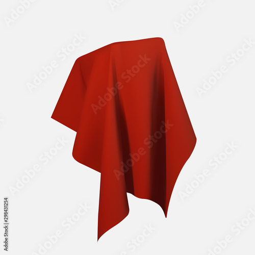 Realistic drapery fabric 3d. Box covered with red silk cloth isolated on white background. Box of tricks and magic. Table for exhibition objects. Vector illustration