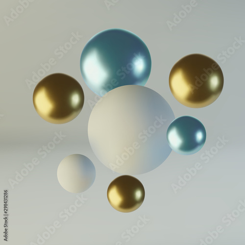 Blue and gold spheres of balls. Realistic abstract background with 3d. Blue and white bubbles. Vector illustration
