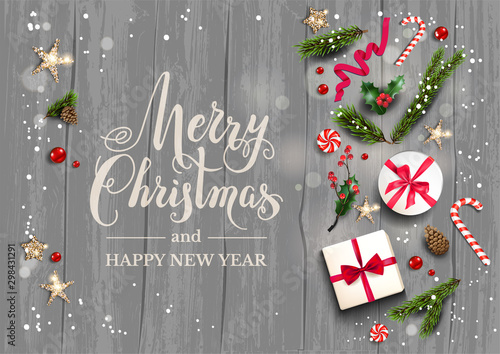 Holiday card with fir tree and decorations