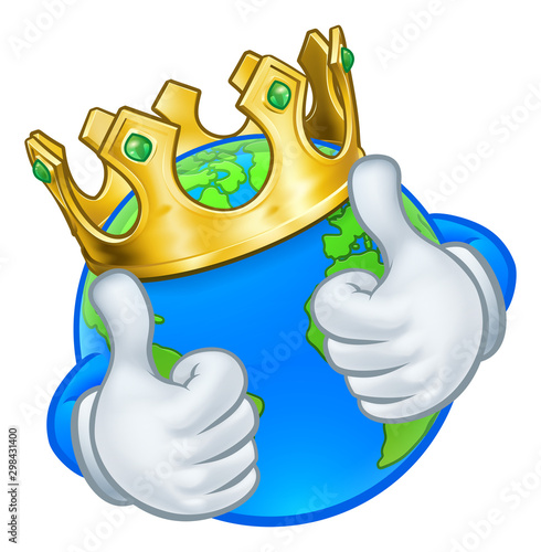 An earth globe world cartoon character mascot wearing a gold king crown and giving a thumbs up