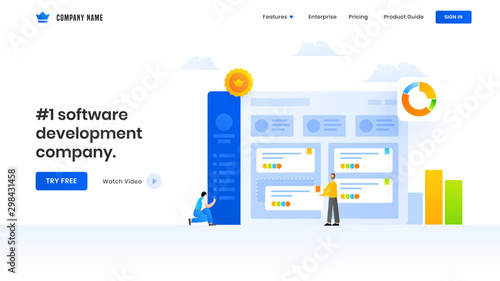 Landing page design with illustration of business men maintaining the website or analyst analysis data for Software development company.