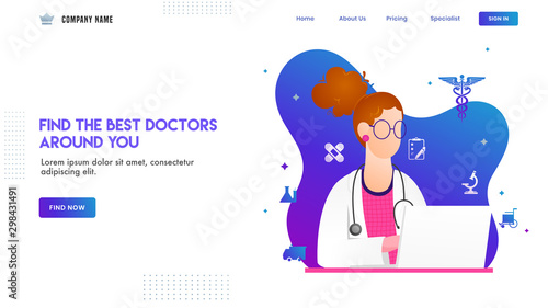Landing page design with illustration of woman doctor character and medical elements on white and blue background.