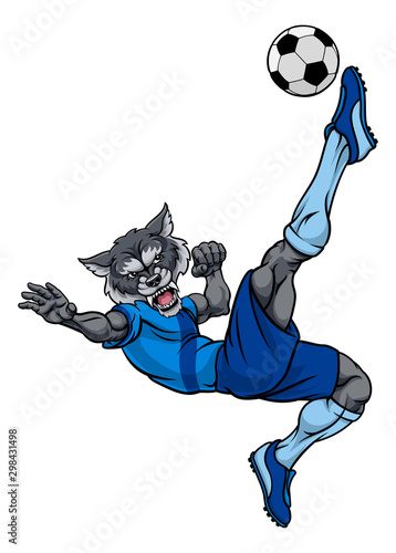 A wolf soccer football player cartoon animal sports mascot kicking the ball