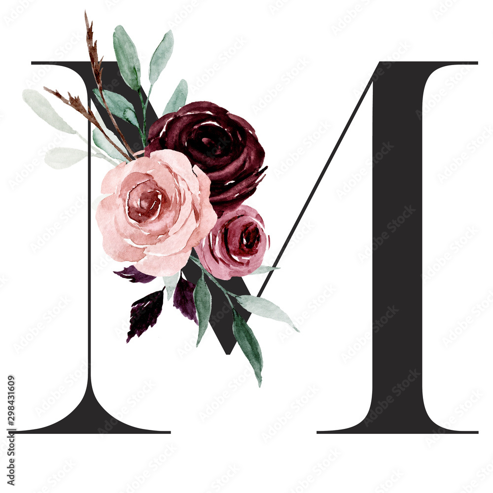 Alphabet, letter M with watercolor flowers and leaf. Floral ...