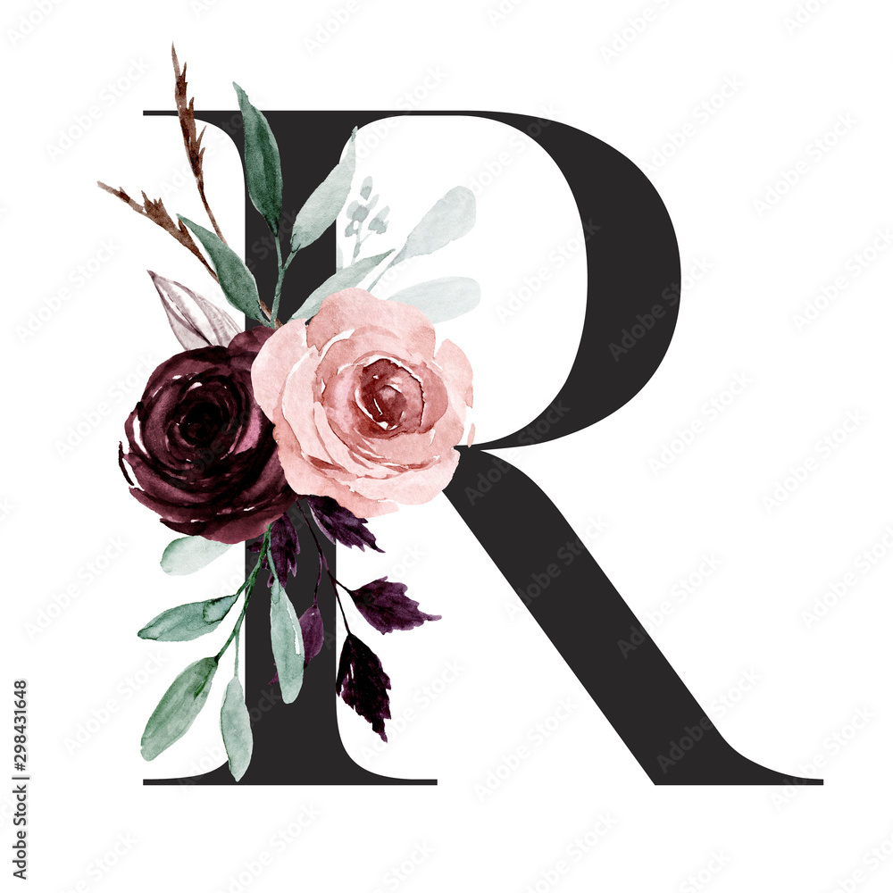 Alphabet, letter R with watercolor flowers and leaf. Floral monogram