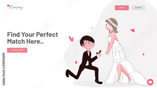 Find your perfect match landing page design with illustration of boy proposing to his beloved for wedding or dating.