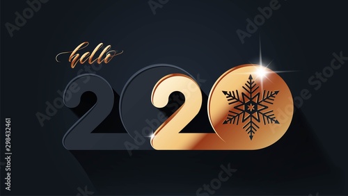 Happy new year 2020 holiday background with 3d numbers 2020 in black and gold colors. Vector illustration