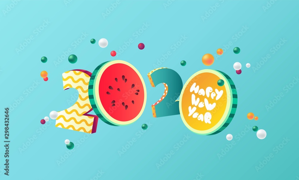 Happy new year 2020 holiday background with 3d numbers 2020 in juicy colors. Vector illustration