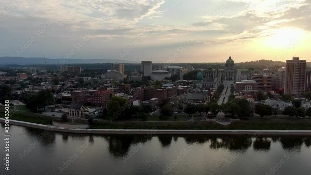 Aerial truck shot of Harrisburg PA skyline and office buildings, drone above Susquehanna River Aerial truck shot of Harrisburg PA skyline and office buildings, drone above Susquehanna River