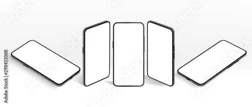 Isometric smartphone mockup. Black mobile phone, modern devices frame and frameless screen smartphones 3D vector template illustration set. Telephone new model perspective angles view