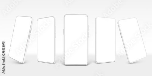 White smartphone mockup. Mobile phone, empty smartphones and modern frameless smartphone device screen realistic 3D vector template set. Cellular phone new model cliparts collection