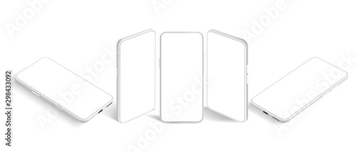 Isometric white smartphone mockup. Mobile app presentation template, smartphones screen and modern mobile phone perspective view realistic 3D vector set. Cellphone model cliparts collection