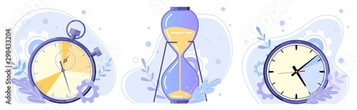 Clock, hourglass and stopwatch. Watch hours, timer countdown and sandglass flat vector illustration set. Time control concept. Sport and home timekeepers. Retro timepiece types pack