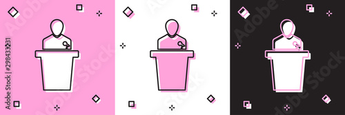 Set Speaker icon isolated on pink and white, black background. Orator speaking from tribune. Public speech. Person on podium. Vector Illustration