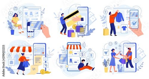 Online store payment. Bank credit cards, secure online payments and financial bill. Smartphone wallets, digital pay technology and modern retail flat vector illustration set. E-paying