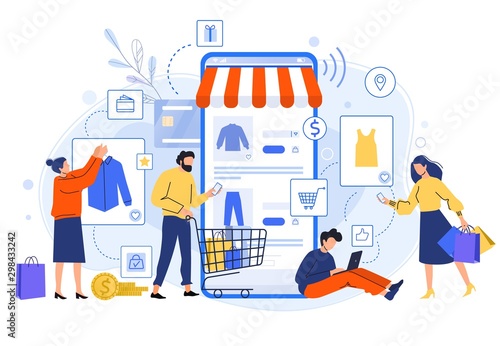 Mobile online shopping. People buy dresses, shirts and pants in online shops. Shoppers buying on internet sale flat vector illustration. Special offer, discount concept. Online clothing store