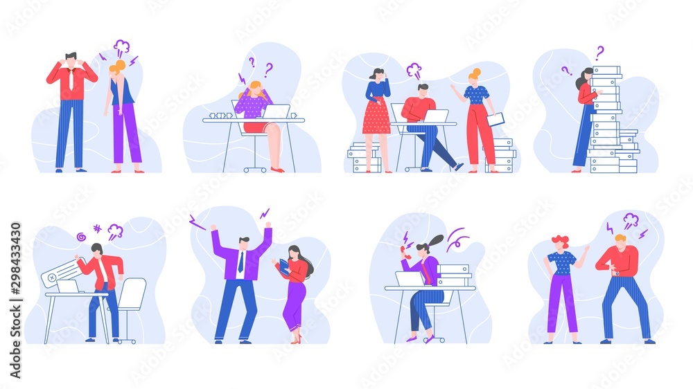 Stressed business people. Yelling and screaming office workers, swearing characters in office environment vector illustration set. Conflicts and disputes at workplace isolated on white background